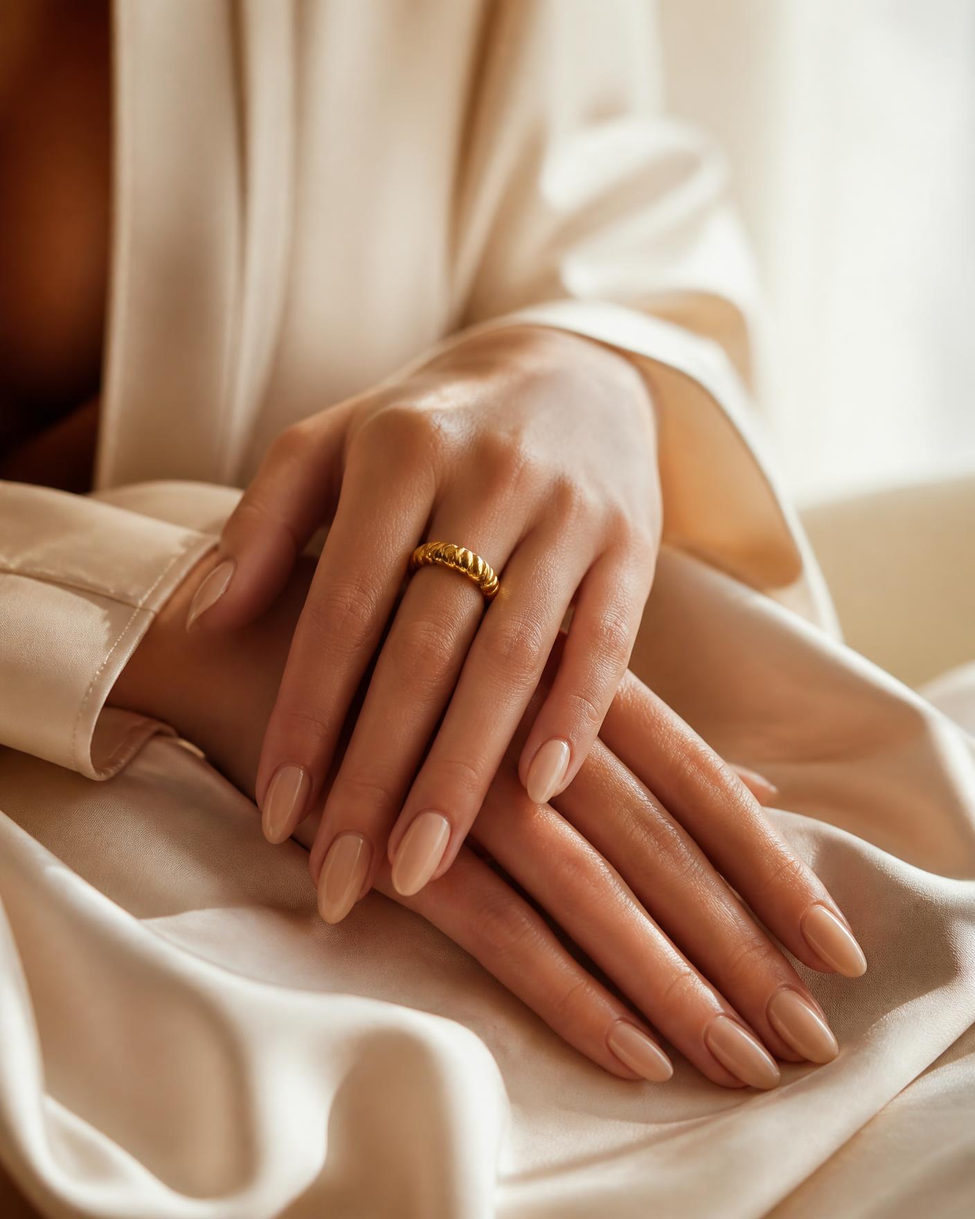 Mains aux ongles amande nude posées sur une soie crème — manucure Taï'Nails